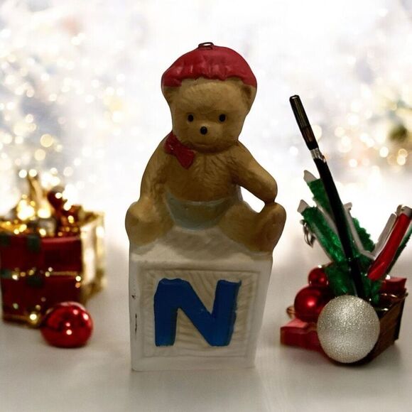 Vintage Bear On Alphabet Block Ornament - Picture 1 of 7